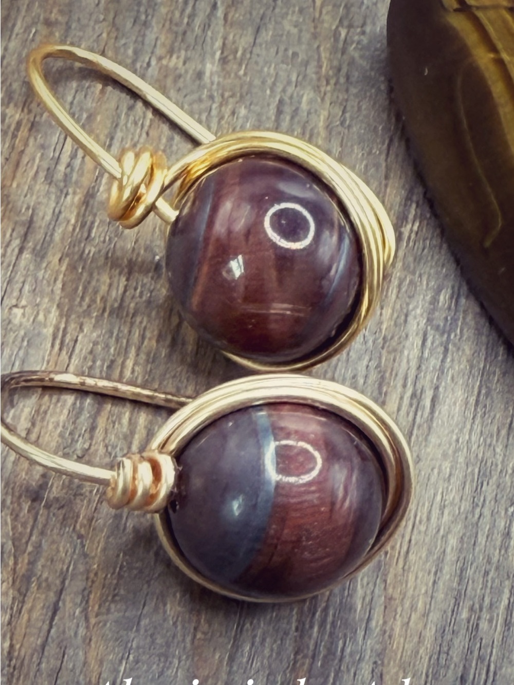Gold Wire-Wrapped Maroon and Blue Stone Drop Earrings